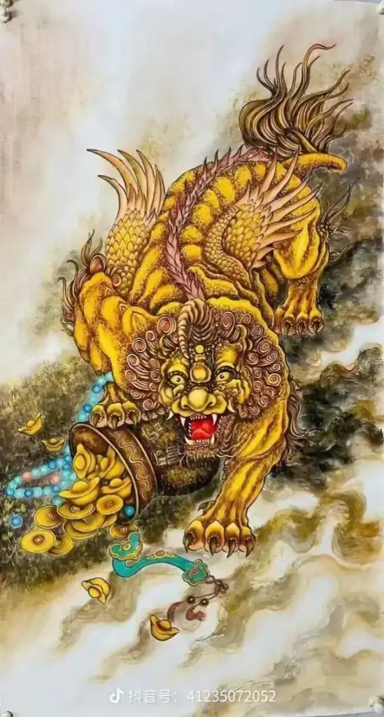 Ảnh nền đt Iphone tỳ hưu đỏ đồng đứng trước nền pháo hoa vàng, ngực nở và miệng há rộng, chi tiết sắc nét HD làm tổng thể trông đẹp và có cảm giác thu hút tiền bạc